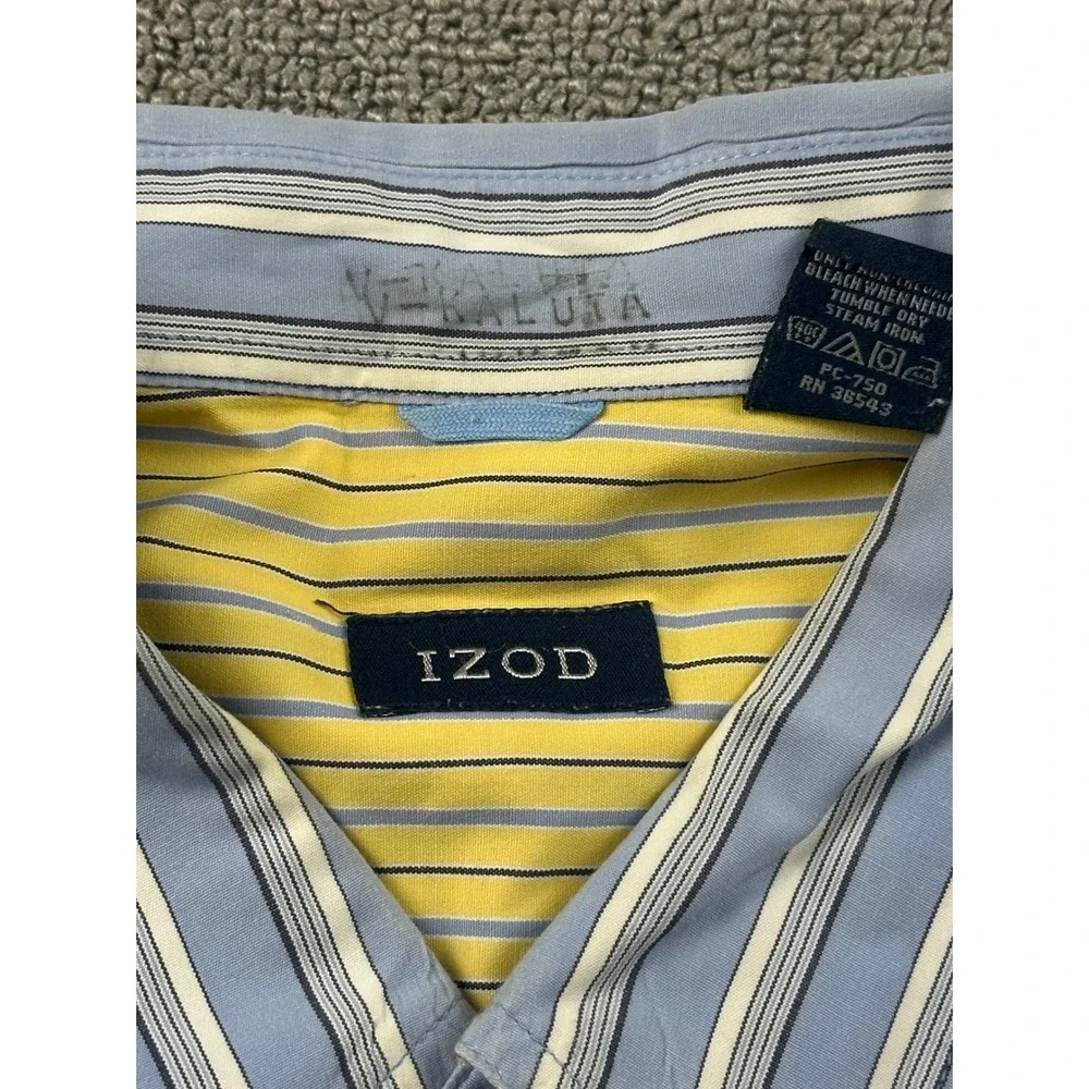 Y2K IZOD Button Front‎ Shirt Men XXL Blue White Striped Cotton Short Sleeve Work